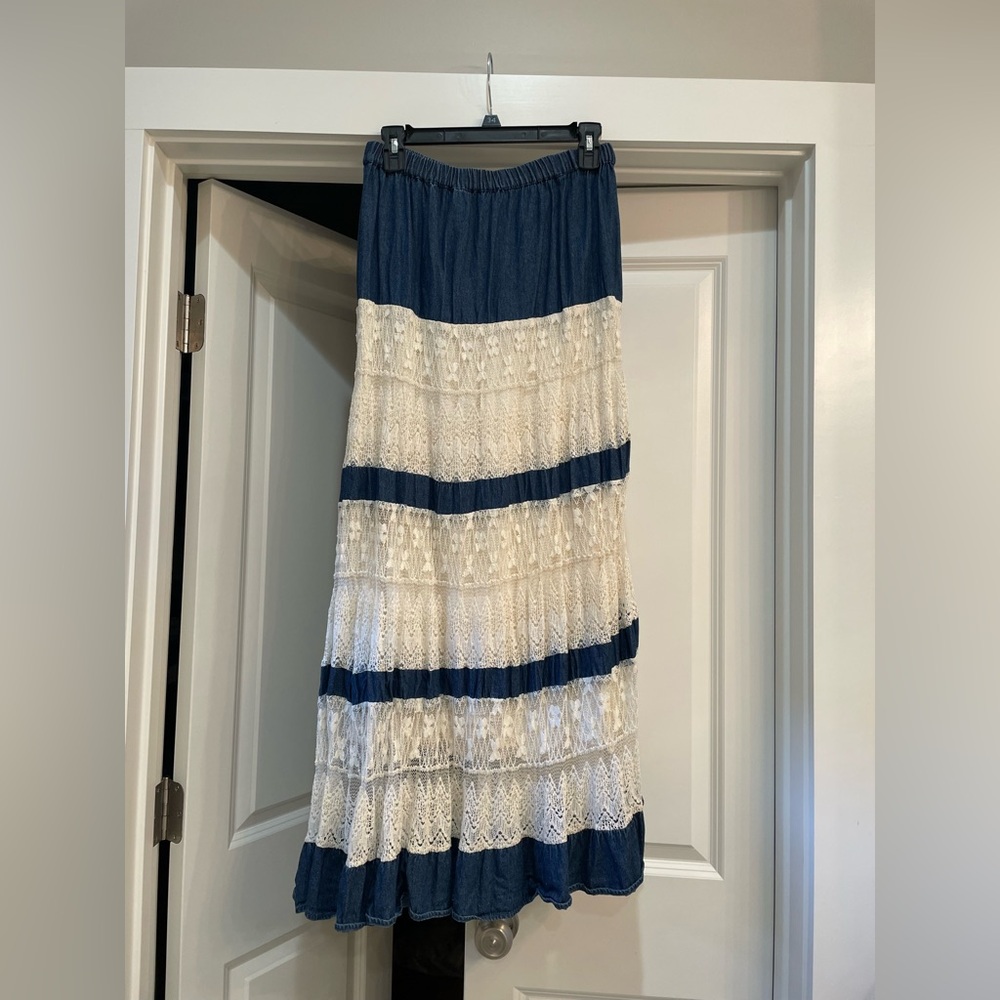 Long denim look ruffle skirt. Beautiful